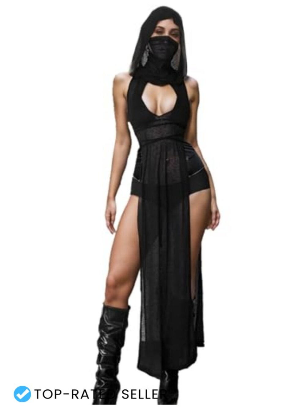 Sheer Mesh Gothic High Slit Rave Dress Sleeveless Mock Neck Club